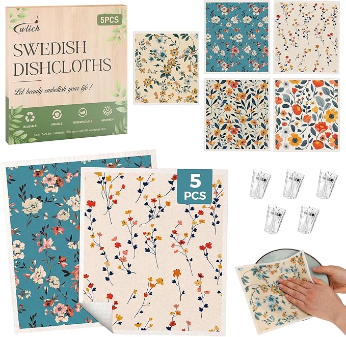 wlich 5PCS Swedish Dishcloths for Kitchen, Reusable Dish Rags for Washing Dishes with Clips, Non-Scratch Kitchen Towels and Dishcloths Sets, Washable Swedish Dish Cloths, No Odor(Plant)