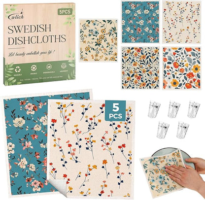 wlich 5PCS Swedish Dishcloths for Kitchen, Reusable Dish Rags for Washing Dishes with Clips, Non-Scratch Kitchen Towels and Dishcloths Sets, Washable Swedish Dish Cloths, No Odor(Plant)