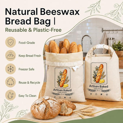 Beeswax Bread Bags, Bread Bags for Homemade Bread, Bees Wax Bread Bag, Reusable & Eco-Friendly,100% Natural Beeswax & Cotton, Long-Lasting Freshness,Airtight & Freezer-Friendly Food Storage