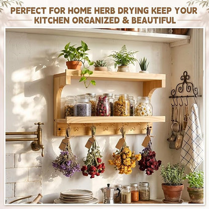 Herb Drying Rack Hanging 3 Tier Wood Flower and Herb Drying Rack Wall Mounted Herbs Dryer Kit with Hooks Labels and Twine for Grass Display Kitchen Garden Home Decor
