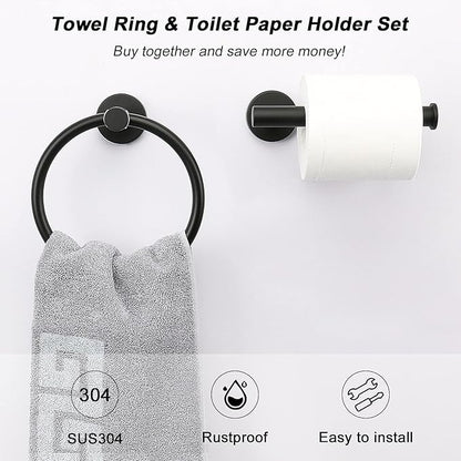 NearMoon 2 Pieces Bathroom Hardware Accessories, Towel Ring and Toilet Paper Holder- Stainless Steel Bath Towel Hanger and Hand Towel Holder, Wall Mounted (Matte Black)