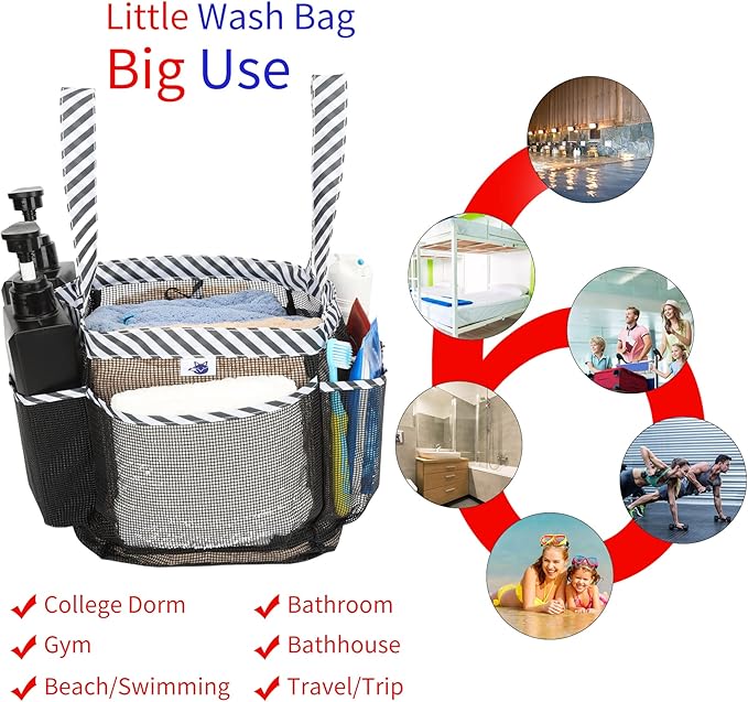 2 Pack Haundry Mesh Shower Caddy Tote Bag Hanging Portable Toiletry Bag College Dorm Essentials Quick Dry Bath Organizer for College Dorms, Gym, Camp for Bathroom Accessories(Black+Sky Blue)
