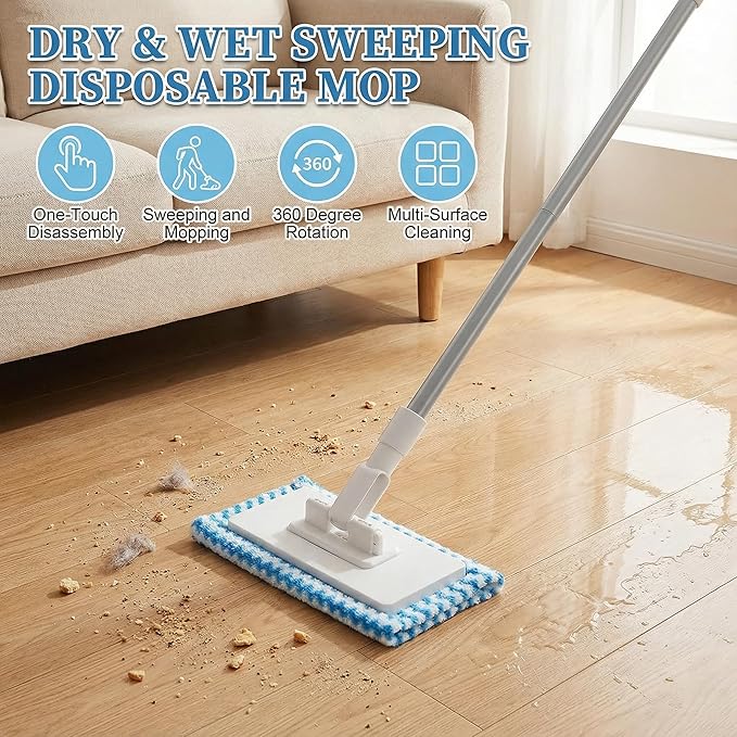 Snap Grip Mini Mop, Zero Touch Cloth Changing Mop with Automatic Push Pull Handle,360 Rotating Lazy Mops Wet Dry for Whole House Cleaning,Retractable Gap Dust Cleaner Flat Mops (Purple-6 Cloths)