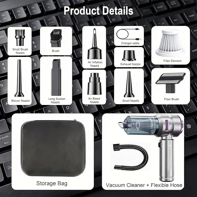 Handheld Car Vacuum Cordless, 16000Pa High Power Vacuum Cleaner and Air Duster, 2026 Upgrade 4-in-1 Portable Vacuum with 10 Multi-Nozzles for Small Jobs, Car, Home, Desk, Keyboards