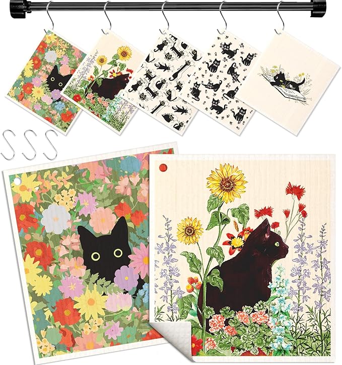 Miss Adola Swedish Dishcloths for Kitchen with Hooks - Reusable Dish Cloths for Washing Dishes Fast Drying Cute Fun 5 Pack Swedish Dish Towels Washable Cleaning Sponge, Black Cats