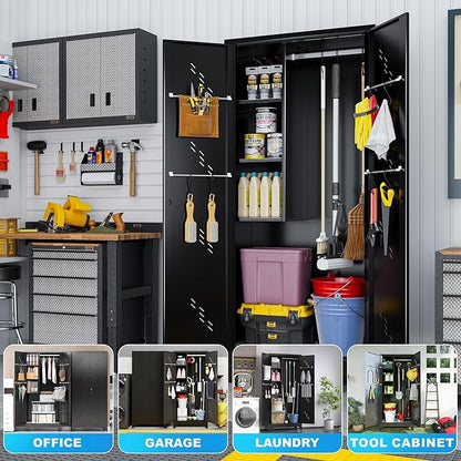 Broom Closet Storage Cabinet, Black Metal Cabinet with Lockable Doors, 75" Tall Garage Storage Cabinets, Outdoor Cleaning Broom Closet Organizer, Steel Tool Cabinet, Kitchen Pantry Cabinets