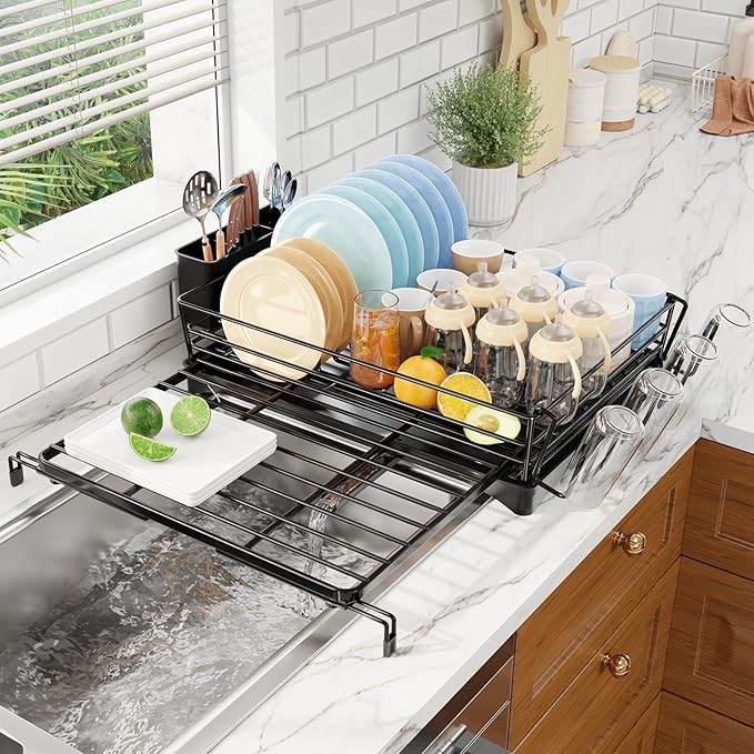 Simple Trending Dish Rack - Adjustable Dish Drying Rack for Kitchen Counter, Large Capacity Dish Drainers, Stainless Steel Dish Strainer with Utensil & Cup Holders, Black