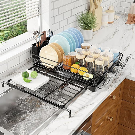 Simple Trending Dish Rack - Adjustable Dish Drying Rack for Kitchen Counter, Large Capacity Dish Drainers, Stainless Steel Dish Strainer with Utensil & Cup Holders, Black