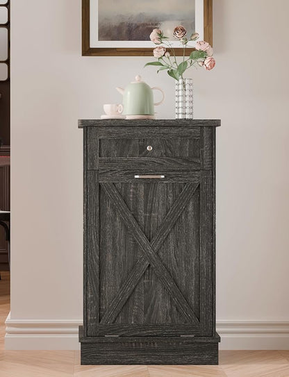 TOLEAD 10 Gallon Tilt Out Trash Can Cabinet Wooden Hidden Trash Cabinet with Solid Wood Top & Drawer, Farmhouse Kitchen Garbage Bin Enclosure Pet Proof Laundry Hamper for Kitchen, Bathroom Grey
