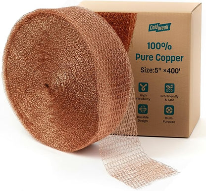 Coldbreak Copper Mesh Rodent Control – 5" x 400' Rustproof Copper Wool Roll for Wall Hole Filler, Rodent Control, Bat & Snail Blocker – Perfect for Hole Sealing, Gardening & Water Pipe Openings