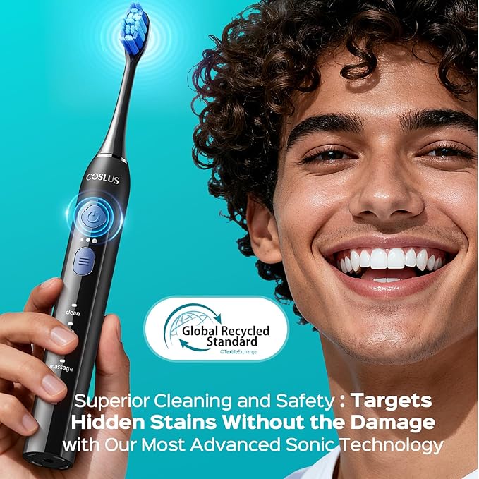 COSLUS C30 Electric Toothbrush for Adults & Kids: 3 Intensities & 5 Modes for Effective Yet Gentle Ultra-Clean Feel, 2 Types of Head for Gentle & Daily Care, Travel Home Use, Black & Green, 2PCS