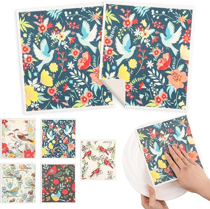 wlich 5PCS Swedish Dishcloths for Kitchen, Reusable Dish Rags for Washing Dishes with Clips, Non-Scratch Kitchen Towels and Dishcloths Sets, Washable Swedish Dish Cloths, No Odor(Birds Flowers)