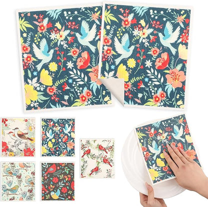 wlich 5PCS Swedish Dishcloths for Kitchen, Reusable Dish Rags for Washing Dishes with Clips, Non-Scratch Kitchen Towels and Dishcloths Sets, Washable Swedish Dish Cloths, No Odor(Birds Flowers)