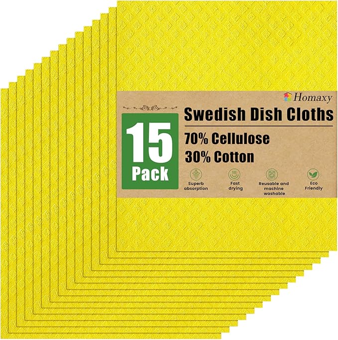 Homaxy Swedish Dishcloths for Kitchen, 15 Pack Reusable and Washable Cellulose Sponge Cloths Dish Towels, Absorbent and No Odor Paper Towels for Dishes ＆ Counters, Yellow