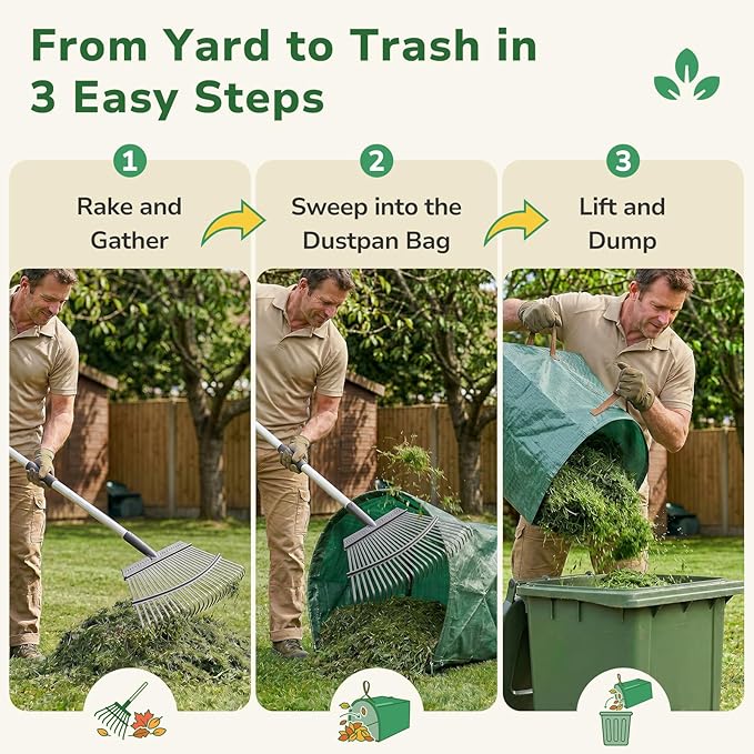 GreatBuddy Leaf Rake and Leaf Bags Combo, Adjustable Metal Garden Rake 29''-72'' 25 Tines, 2 Pack 72 Gallon Reusable Yard Waste Bags, Heavy Duty Lawn Rake with Dustpan Leaf Collector for Yard Cleanup
