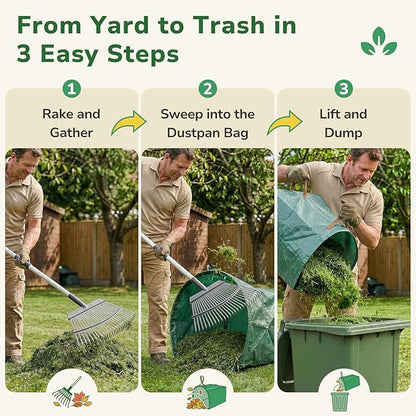 GreatBuddy Leaf Rake and Leaf Bags Combo, Adjustable Metal Garden Rake 29''-72'' 25 Tines, 2 Pack 53 Gallon Reusable Yard Waste Bags, Heavy Duty Lawn Rake with Dustpan Leaf Collector for Yard Cleanup