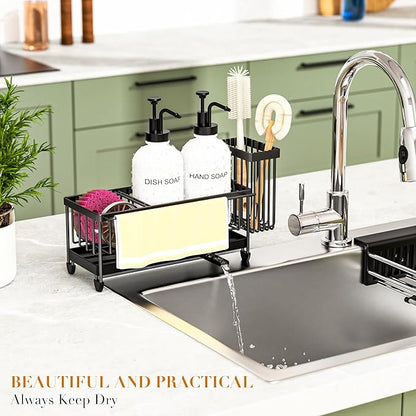 Kitchen Soap Dispenser Set with Sponge Holder and Towel Rack, 17OZ Glass Bottle, Hand and Dish Soap Dispenser Set, Non-Slip Silicone Pad, Brush Holder, Kitchen Sink Caddy Organizer Countertop (White)