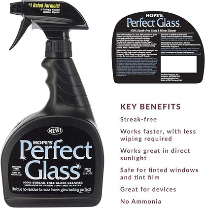 HOPE'S Perfect Glass Cleaner Spray, Streak-Free, Ammonia-Free Window, Mirror, Screen, Tinted Glass, and Shower Door Cleaner, Indoor and Outdoor Glass Surfaces, 32 Fl Oz, Pack of 1