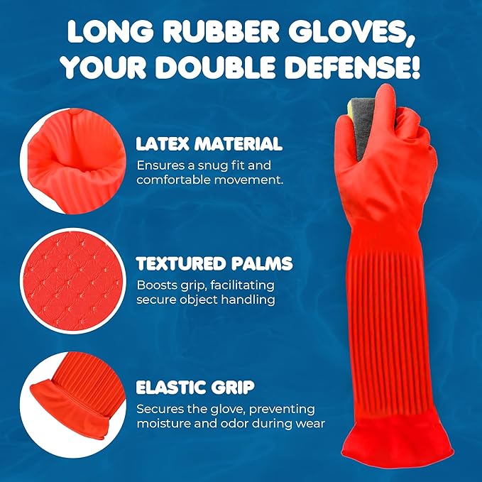 SunGrow 22" Long Rubber Gloves for Dog and Cat Bath, Grooming, Aquarium Water Changes - Keep Hands and Arms Dry with Comfortable, Waterproof, Non-Slip Household Gloves