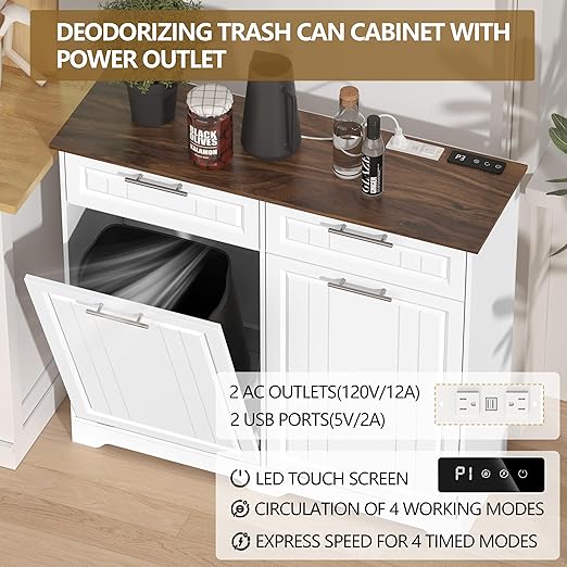 Double 10 Gallon Tilt Out Trash Can Cabinet with Deodorizing Function and Power Outlet, Wooden Hidden Garbage Can Holder with 2 Storage Drawers for Kitchen, Laundry Hamper Cabinet for Bathroom, White
