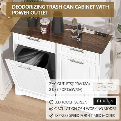 Double 10 Gallon Tilt Out Trash Can Cabinet with Deodorizing Function and Power Outlet, Wooden Hidden Garbage Can Holder with 2 Storage Drawers for Kitchen, Laundry Hamper Cabinet for Bathroom, White