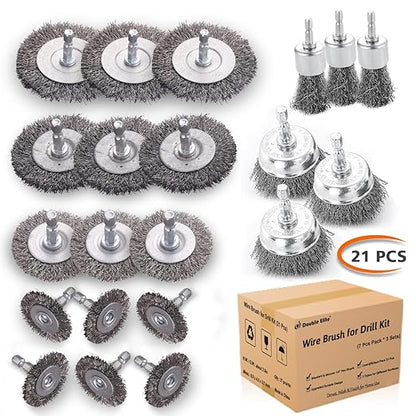 Double Elite Wire Brush for Drill Set 21 Pcs, Abrasive Wire Wheel for Drill 1/4 Inch Hex Shank, Drill Wire Brush Coarse Crimped Carbon Steel, Wire Brush Drill Attachments