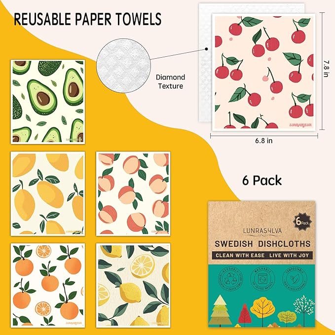 Swedish Dishcloths for Kitchen 6 Pack, Reusable Paper Towels Super Absorbent, Biodegradable Quick Drying Washable Dish Cloths Dishwasher Safe, Perfect as Hostess or Housewarming Gifts (Fruit)