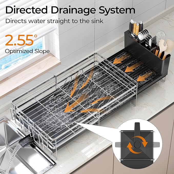 Delamu Stainless Steel Dish Drying Rack, Expandable Dish Drainer, Anti-Rust Large Dish Racks for Kitchen Counter, Dish Strainers with Drainboard, Utensil & Cup Holder, 13.4"-28.7" L x 11.8" W, Silver