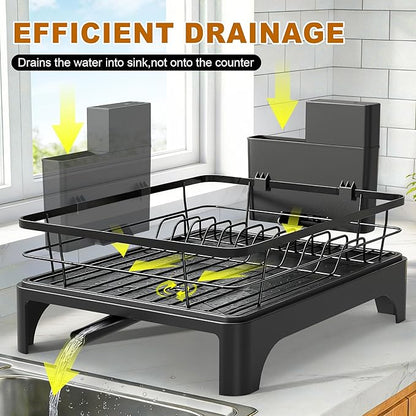 Dish Drying Rack for Kitchen Counter, Dish Rack, Dish Drainer for Kitchen with Built-in Drain, Stainless Steel Sink Organization and Storage Essentials with Cutlery Holder (17" x 13.4", Black)