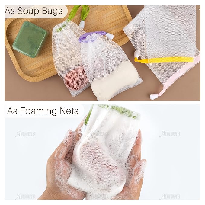 AUEAR, 20 Pack Handmade Soap Exfoliating Mesh Pouch Saver Bag Double Layer Bubble Foam Net Drawstring Holder (Assorted Colors)