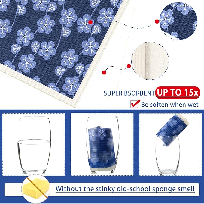 Cunhill 9 Pcs Swedish Kitchen Dishcloths Absorbent Swedish Dish Towels Blossoms Flower Soft Reusable Towels Cleaning Sponge Cloth Quick Drying Kitchen Dish Rags(Japanese)