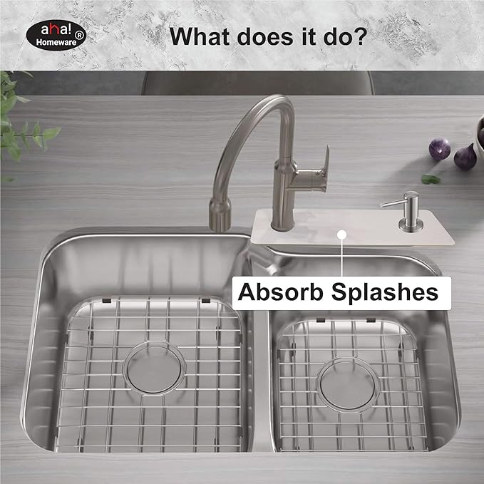 Faucet Mat for Kitchen Sink Offset : AHA HOMEWARE Kitchen Sink Splash Guard for Offset Double Sink, Cuttable Extra Hole for Soap Dispenser, Diatomite Leather Absorbent Fast Drying (Light Gray)