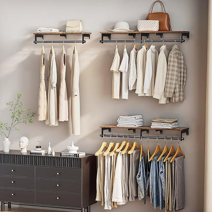 Luxspire Clothes Rack 28.7inch, Wall Mounted Garment Racks with Top Shelf for Hanging Clothes, Heavy Duty Industrial Pipe Garment Rack, Laundry Room Shelves Closet Storage, Black + Brown