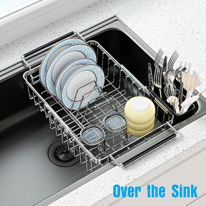 Expandable Over The Sink Dish Drying Rack, Anti-Rust Stainless Steel in Sink Dish Drainer with Cutlery Holder, Counter Space Saving Sturdy Sink Drying Rack for Many Kitchen Drain Task