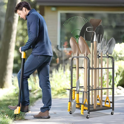 Ultrawall Garden Tool Organizer Stand, Yard Tool Storage Rack with Lockable Wheels, Garage Tool Storage for Rake, Brooms, Indoor & Outdoor Use