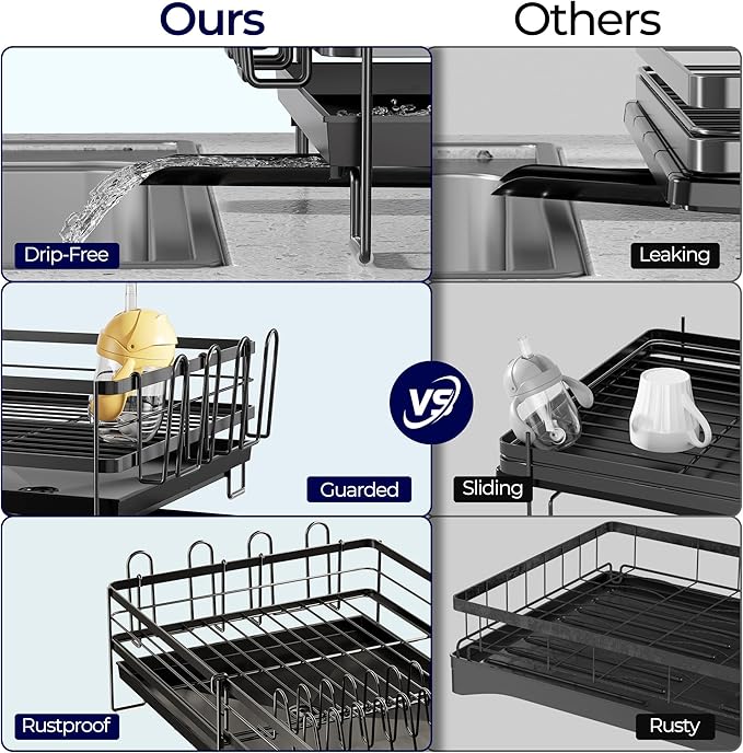 Large Dish Drying Rack, Expandable Dish Rack for Kitchen Counter, Dishrack with Drainboard Set, Multifunctional Dish Drainer with Utensil Holder & Cup Holder, Black