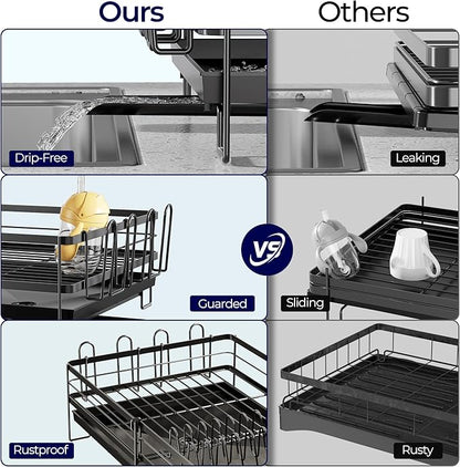 Large Dish Drying Rack, Expandable Dish Rack for Kitchen Counter, Dishrack with Drainboard Set, Multifunctional Dish Drainer with Utensil Holder & Cup Holder, Black