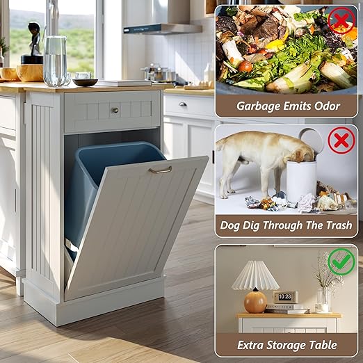 LOUVIXA Tilt Out Trash Can Cabinet, Hidden Trash Cabinet with Drawer, Wooden Dog Proof Trash Can Holder, Tilt Out Laundry Hamper, Garbage Can Holder (White)