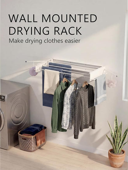 JOOM Laundry Drying Rack Collapsible, Wall Mounted Drying Rack, Clothes Drying Rack, 31.5" Wide, 5 Aluminum Rods, 60 lb Capacity (White 31.5" with Poles)