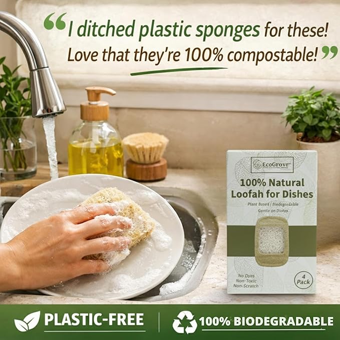 Natural Loofah Dish Sponges 4 Pack – 100% Plant-Based Luffa Scrubber for Dishes, Pots & Nonstick Pans – Compostable, Non-Scratch Kitchen Sponge for Sink, Tile & Everyday Cleaning (Travel)
