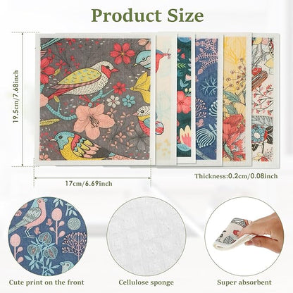 12Pcs Swedish Dishcloths for Kitchen, Quick-Drying Reusable Paper Towels, Absorbent Washable Kitchen Dish Rags, Soft Cellulose Sponge Cloths for Countertop Sink Flower Bird (12pcs Colorful Birds)