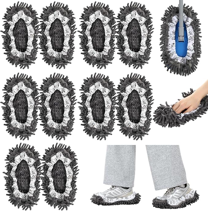 10 Pcs Mop Slippers Socks Floor Cleaning, 5 Pairs Microfiber Shoe Covers Dust Soft Washable Reusable Foot Socks for Woman Man House Kitchen (Grey)