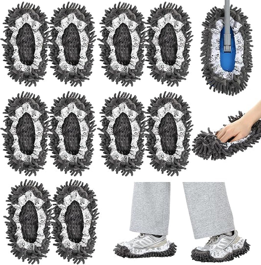 10 Pcs Mop Slippers Socks Floor Cleaning, 5 Pairs Microfiber Shoe Covers Dust Soft Washable Reusable Foot Socks for Woman Man House Kitchen (Grey)