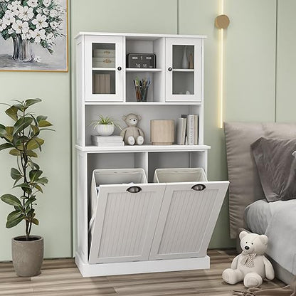 RASOO Tilt-Out Laundry Cabinet White Tall Bathroom Storage Cabinet Laundry Hamper with 2 Baskets and 3 Cabinets Upper Glass Doors Storage Cabinet