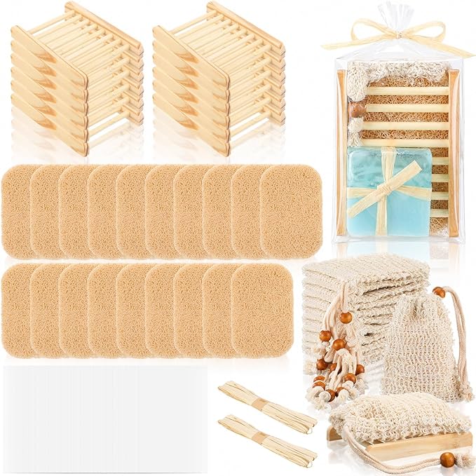 Threehoney 72 Pcs Soap Saver Set Including Wooden Dish Exfoliating Bag Saver Pads Bulk with 100 OPP Transparent Bags 2 Bundles Paper Ropes for Wedding Homemade Gift Mother‘S Day(Wood Color)