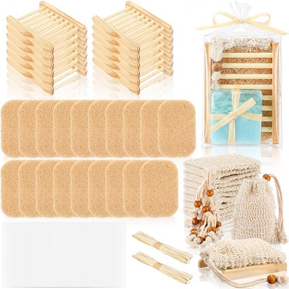 Threehoney 72 Pcs Soap Saver Set Including Wooden Dish Exfoliating Bag Saver Pads Bulk with 100 OPP Transparent Bags 2 Bundles Paper Ropes for Wedding Homemade Gift Mother‘S Day(Wood Color)