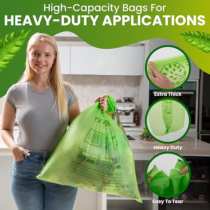 GREENWAY 13 Gallon Compostable Drawstring Trash Bags – Extra Thick 1.0 Mil – 50 Count – BPI & OK Home Certified – Leak‑Proof Kitchen Garbage Bags for Food Waste, Diaper Pails & Tall Bins