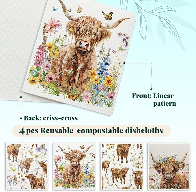 Highland Cow Floral Gifts Swedish Dishcloths for Kitchen, 4 Pack Dish Towels Housewarming Gift for Farmhouse Kitchen, Papaya Reusable Paper Towels Washable