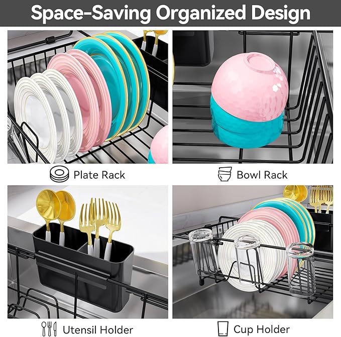 Urackify Dish Drying Rack in Sink, Stainless Steel Expandable Over the Sink Dish Rack with Utensil Holder & Cup Holder, Kitchen Drying Rack for Inside Sink, 15.35" x 11.02" x 4.84", Black