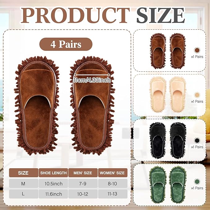 Jecery 4 Pair Washable Microfiber Mop Slippers Detachable Dusting Shoes for Floor Cleaning, Office & Home Use Suitable for Women & Men(Beige,Brown,Black,Gray,L Size)